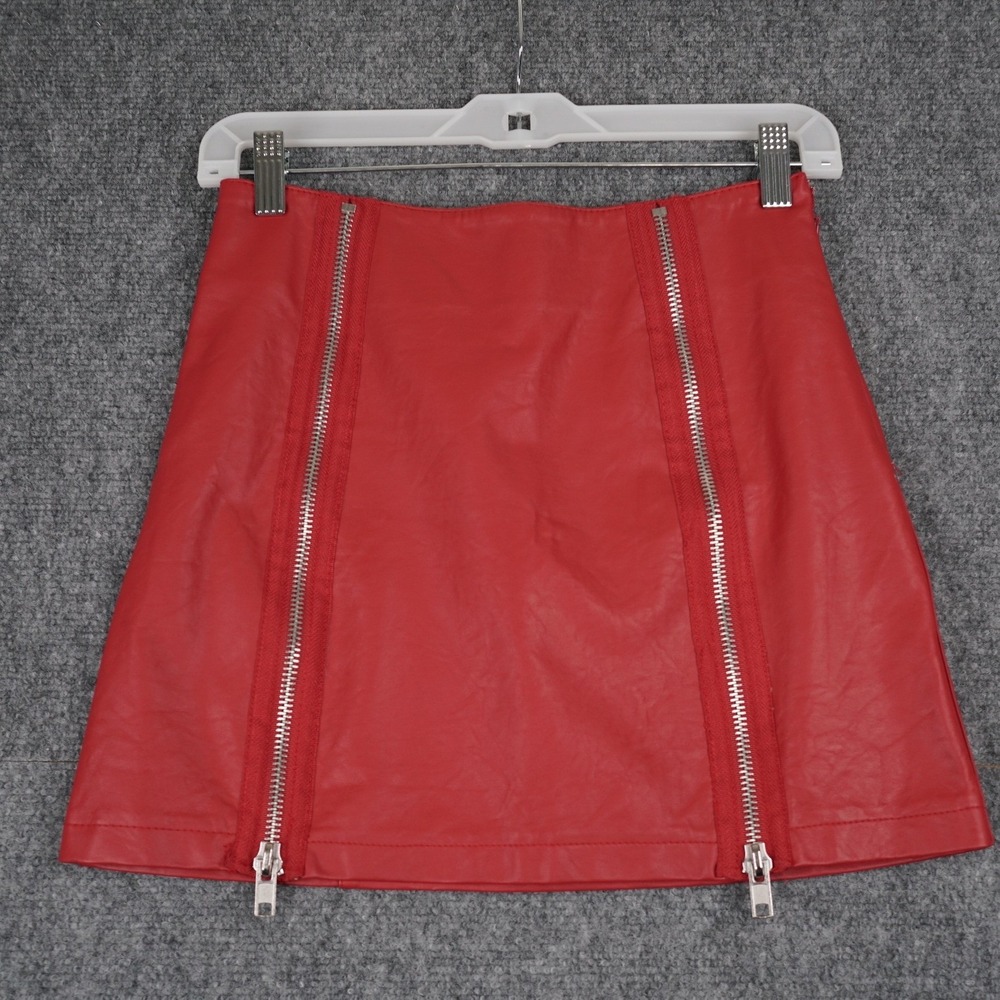 Faux‎ Leather Mini Skirt Womens Small Red Double Zip Moto Edgy